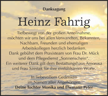 Traueranzeige von Heinz Fahrig von WVG - Wochenspiegel Dessau / Köthen