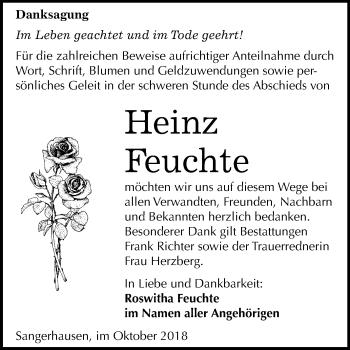 Traueranzeige von Heinz Feuchte von Mitteldeutsche Zeitung Sangerhausen