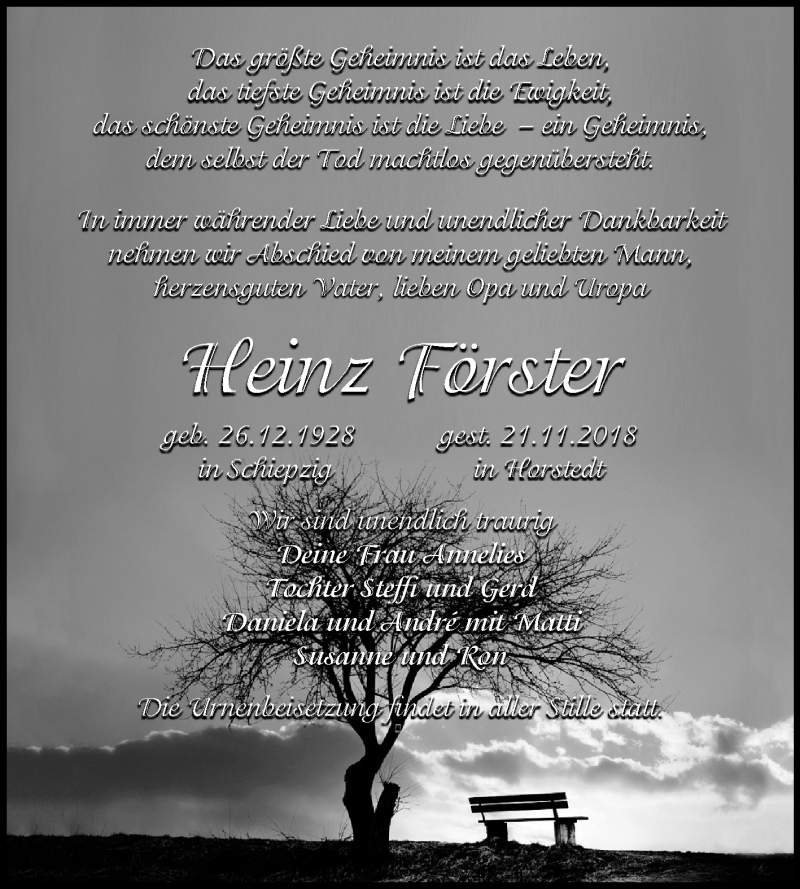  Traueranzeige für Heinz Förster vom 01.12.2018 aus Mitteldeutsche Zeitung Merseburg/Querfurt