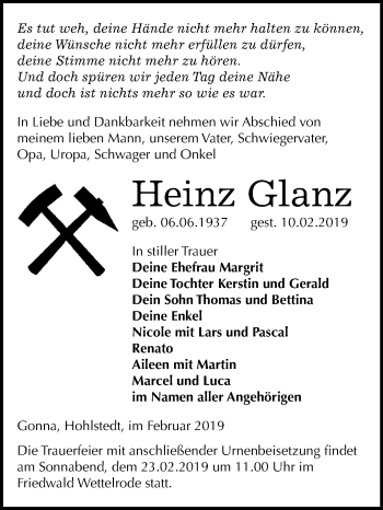Traueranzeige von Heinz Glanz von Super Sonntag SGH Mansf. Land