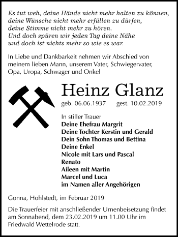Traueranzeige von Heinz Glanz von Mitteldeutsche Zeitung Sangerhausen
