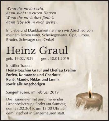Traueranzeige von Heinz Graul von Super Sonntag SGH Mansf. Land