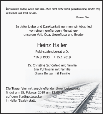 Traueranzeige von Heinz Haller von Mitteldeutsche Zeitung Halle/Saalkreis