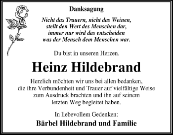 Traueranzeige von Heinz Hildebrand von WVG - Wochenspiegel Dessau / Köthen