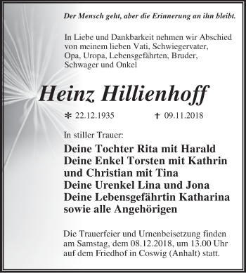 Traueranzeige von Heinz Hillienhoff von WVG - Wochenspiegel Dessau / Köthen