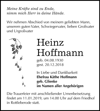 Traueranzeige von Heinz Hoffmann von Mitteldeutsche Zeitung Sangerhausen