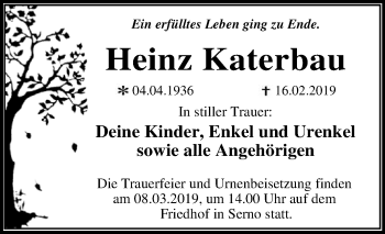 Traueranzeige von Heinz Katerbau von WVG - Wochenspiegel Dessau / Köthen