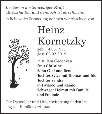 Traueranzeige von Heinz Kornetzky von WVG - Wochenspiegel Wittenberg