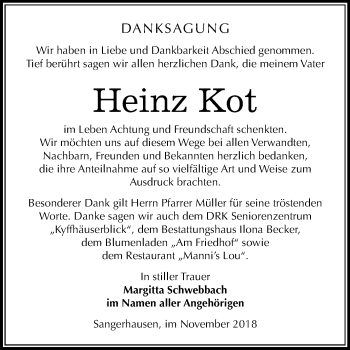 Traueranzeige von Heinz Kot von Mitteldeutsche Zeitung Sangerhausen