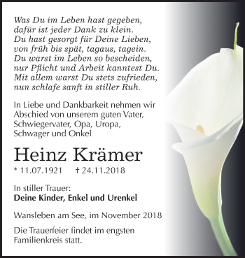 Traueranzeige von Heinz Krämer von Mitteldeutsche Zeitung Aschersleben