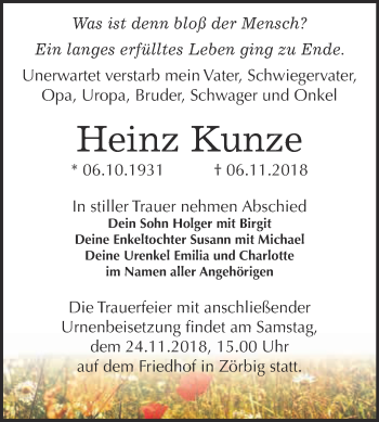 Traueranzeige von Heinz Kunze von WVG - Wochenspiegel Bitterfeld