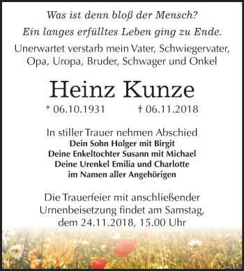 Traueranzeige von Heinz Kunze von Mitteldeutsche Zeitung Bitterfeld