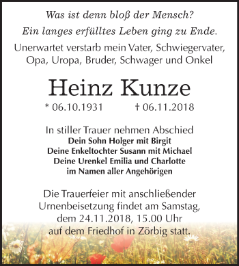 Traueranzeige von Heinz Kunze von Mitteldeutsche Zeitung Bitterfeld