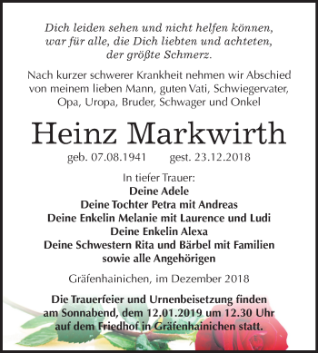 Traueranzeige von Heinz Markwirth von Mitteldeutsche Zeitung Wittenberg