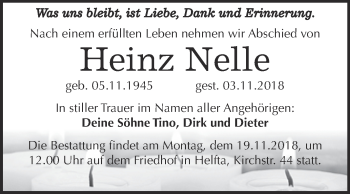 Traueranzeige von Heinz Nelle von Super Sonntag SGH Mansf. Land