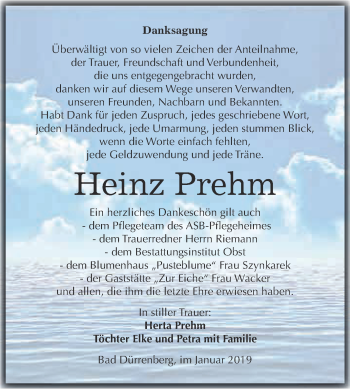 Traueranzeige von Heinz Prehm von Super Sonntag Merseburg