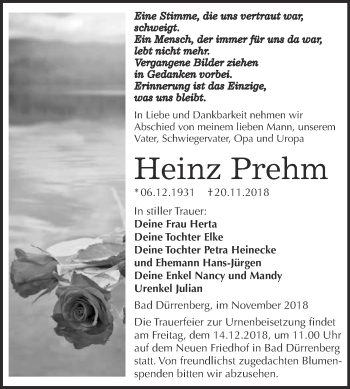 Traueranzeige von Heinz Prehm von Super Sonntag Merseburg