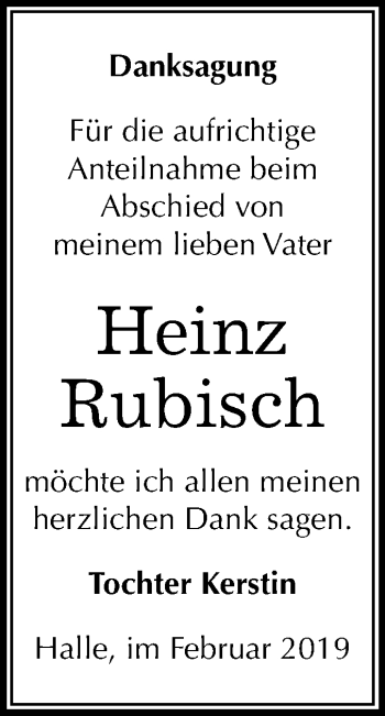 Traueranzeige von Heinz Rubisch von Mitteldeutsche Zeitung Halle/Saalkreis