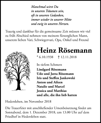 Traueranzeige von Heinz Rösemann von Mitteldeutsche Zeitung Quedlinburg