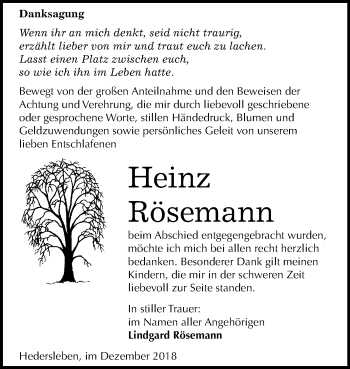 Traueranzeige von Heinz Rösemann von Mitteldeutsche Zeitung Quedlinburg
