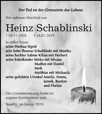 Traueranzeige von Heinz Schablinski von Mitteldeutsche Zeitung