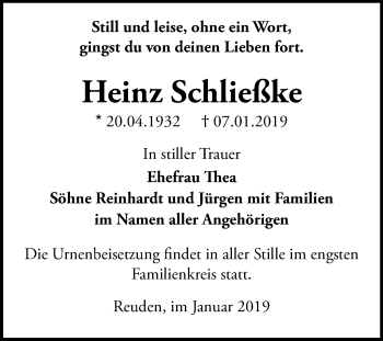 Traueranzeige von Heinz Schließke von Mitteldeutsche Zeitung Bitterfeld