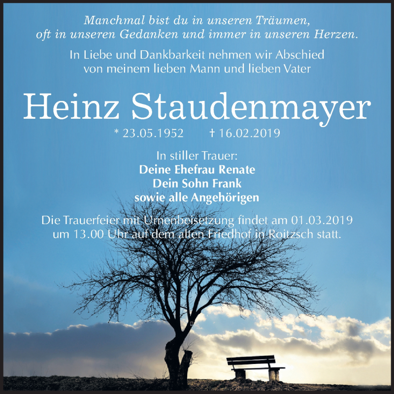  Traueranzeige für Heinz Staudenmayer vom 23.02.2019 aus Mitteldeutsche Zeitung Bitterfeld