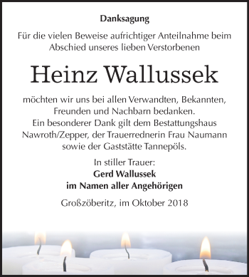 Traueranzeige von Heinz Wallussek von Mitteldeutsche Zeitung Bitterfeld