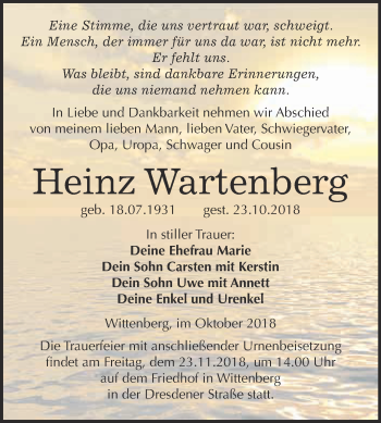 Traueranzeige von Heinz Wartenberg von WVG - Wochenspiegel Wittenberg