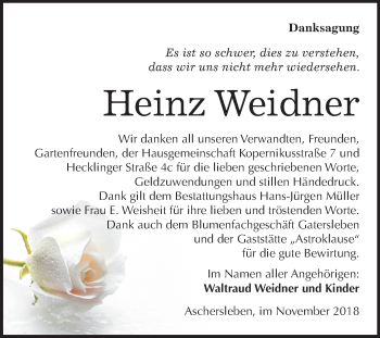 Traueranzeige von Heinz Weidner von Mitteldeutsche Zeitung Aschersleben