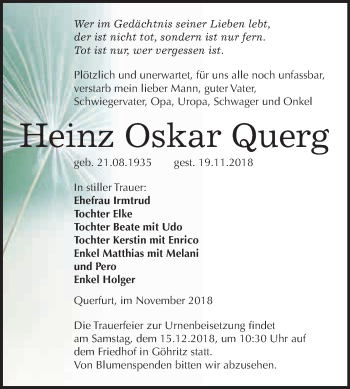 Traueranzeige von Heinz Oskar Querg von WVG - Wochenspiegel Merseburg