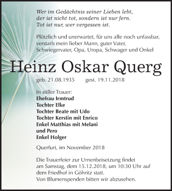 Traueranzeige von Heinz Oskar Querg von Mitteldeutsche Zeitung Merseburg/Querfurt