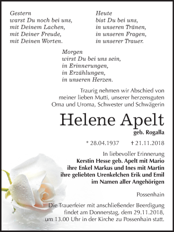 Traueranzeige von Helene Apelt von Mitteldeutsche Zeitung Naumburg/Nebra