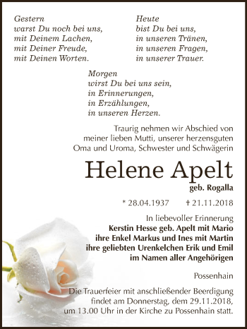 Traueranzeige von Helene Apelt von WVG - Wochenspiegel NMB / WSF / ZTZ