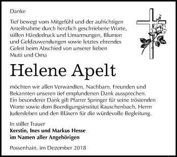 Traueranzeige von Helene Apelt von Mitteldeutsche Zeitung Naumburg/Nebra