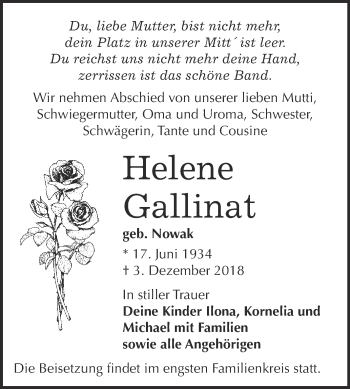 Traueranzeige von Helene Gallinat von WVG - Wochenspiegel NMB / WSF / ZTZ