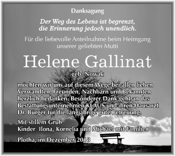Traueranzeige von Helene Gallinat von Mitteldeutsche Zeitung Weißenfels