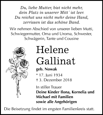Traueranzeige von Helene Gallinat von Mitteldeutsche Zeitung Weißenfels
