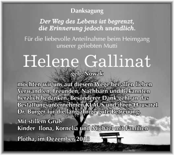 Traueranzeige von Helene Gallinat von WVG - Wochenspiegel NMB / WSF / ZTZ