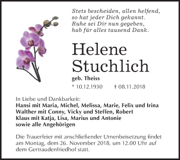 Traueranzeige von Helene Stuchlich von Mitteldeutsche Zeitung Halle/Saalkreis