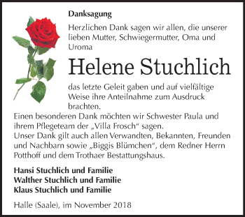 Traueranzeige von Helene Stuchlich von Mitteldeutsche Zeitung Halle/Saalkreis