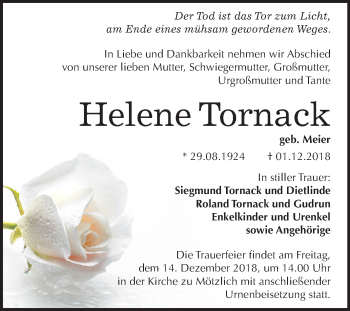 Traueranzeige von Helene Tornack von Mitteldeutsche Zeitung Halle/Saalkreis