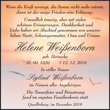 Traueranzeige von Helene Weißenborn von Mitteldeutsche Zeitung Quedlinburg