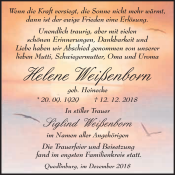 Traueranzeige von Helene Weißenborn von WVG - Wochenspiegel Quedlinburg