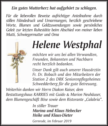 Traueranzeige von Helene Westphal von WVG - Wochenspiegel Quedlinburg
