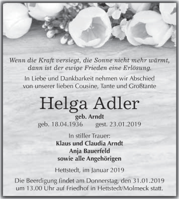 Traueranzeige von Helga Adler von Wochenspiegel Mansfelder Land