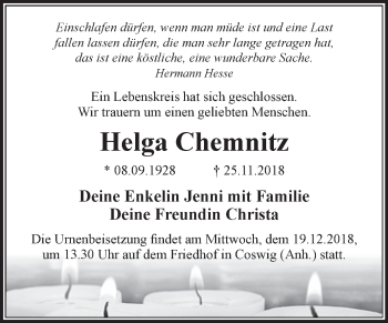 Traueranzeige von Helga Chemnitz von WVG - Wochenspiegel Dessau / Köthen