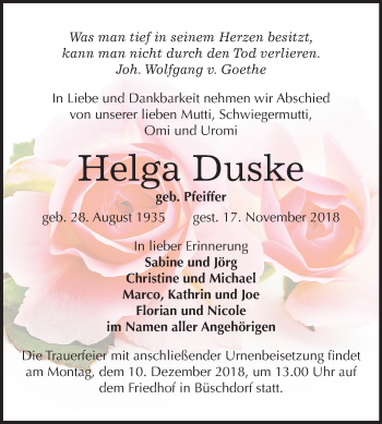 Traueranzeige von Helga Duske von Mitteldeutsche Zeitung Halle/Saalkreis