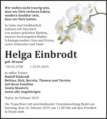 Traueranzeige von Helga Einbrodt von Super Sonntag Aschersleben