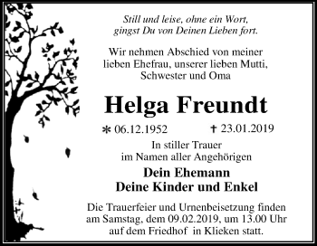 Traueranzeige von Helga Freundt von WVG - Wochenspiegel Dessau / Köthen